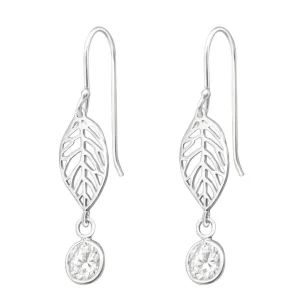 Hopeiset korvakorut, Delicate Leaf with Cubic Zirconia (lehti kirkkaalla kristallilla)