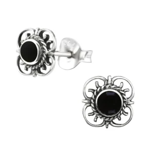 Hopeiset korvanapit, Antique Silver Flower (hopeanappi mustalla keskustalla)