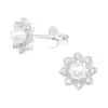 Hopeiset korvanapit, Flower Pearl Earstuds with Crystals -helminapit