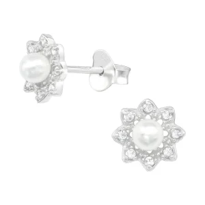 Hopeiset korvanapit, Flower Pearl Earstuds with Crystals -helminapit