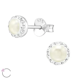 Hopeiset korvanapit, LA CRYSTALE | Round Pearl Earstuds with Crystals