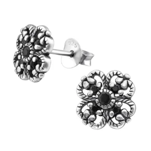 Hopeiset korvanapit, Silver Flower Ear Studs with Black CZ