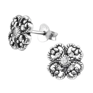 Hopeiset korvanapit, Silver Flower Ear Studs with CZ