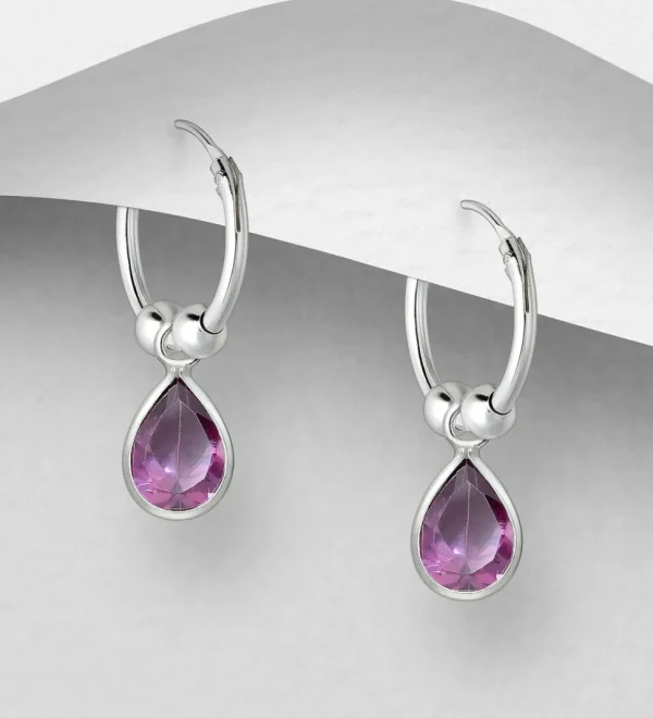 Hopeiset korvarenkaat, CZ Huggie Hoops with Purple Teardrop