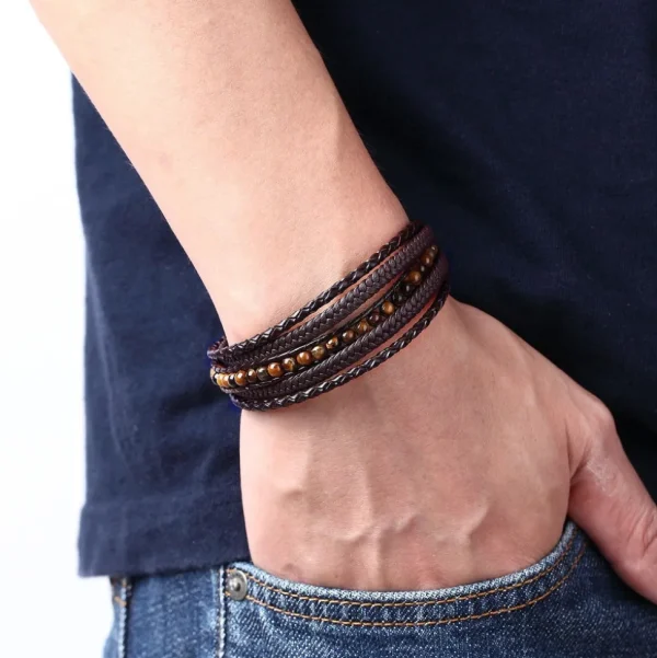 Keinonahkainen rannekoru, Brown Tiger Eye Faux Leather Bracelet
