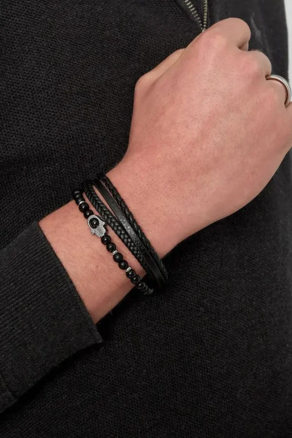 Kerroksellinen rannekoru, Hamsa Hand in Black -rannekoru luonnonkivin