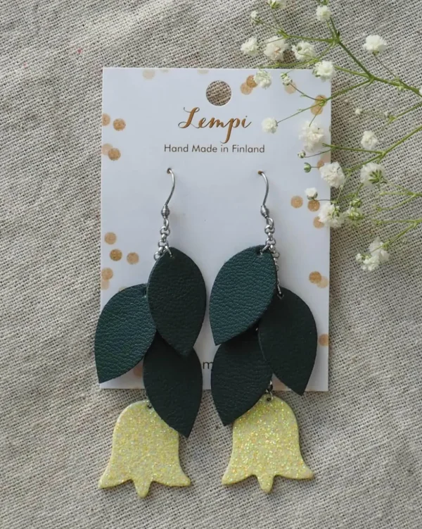 LEMPI-korvakorut, Frida (vihreä, vaaleankeltainen glitter)