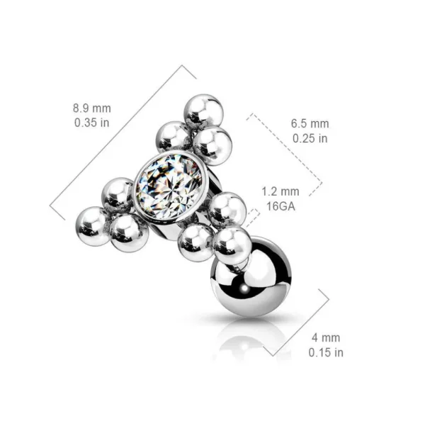 Rustokoru/traguskoru, Gold Ball Cluster Triangle Top with CZ in Clear